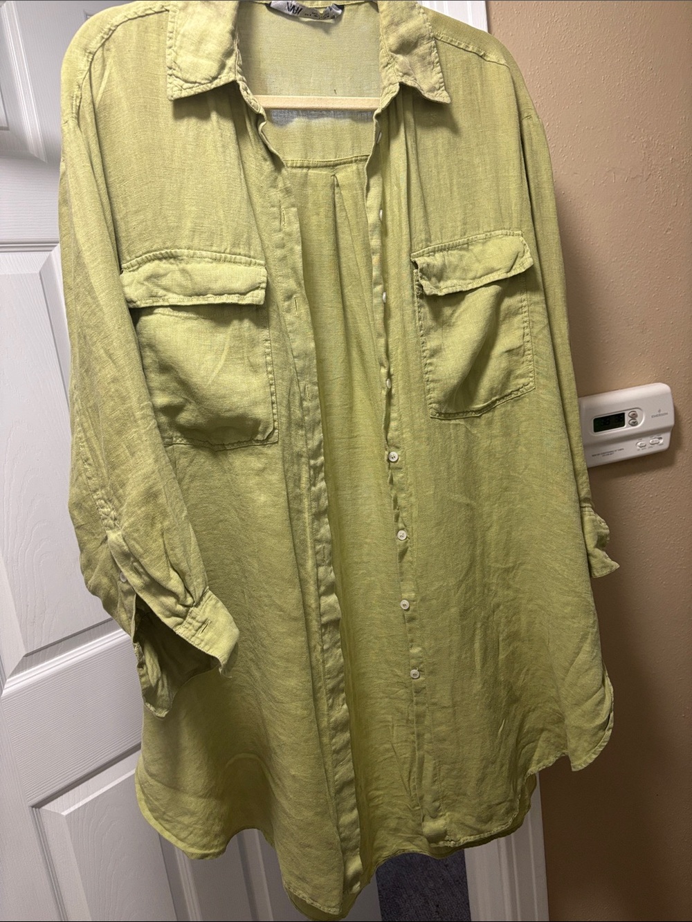 100% Linen Zara Light Olive Button-Front Shirt/dress